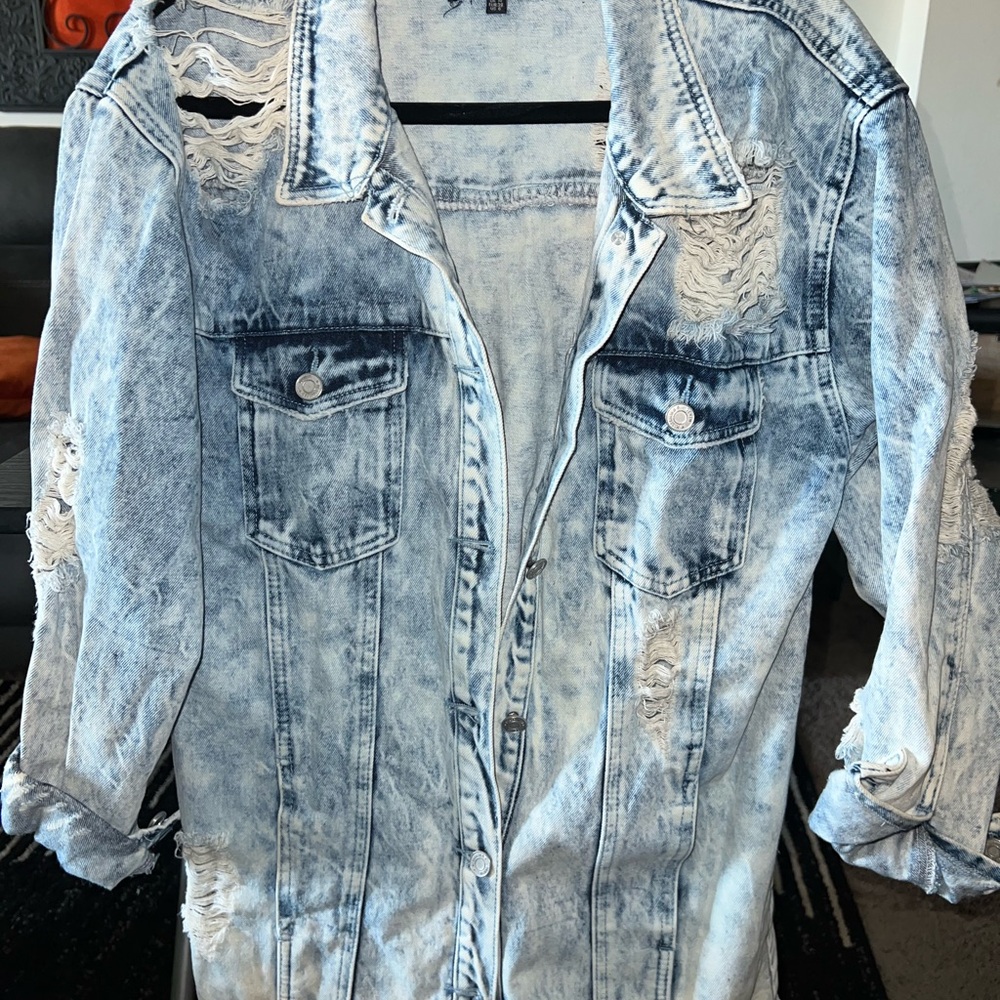 Missguided Distressed Blue and White Denim Jacket